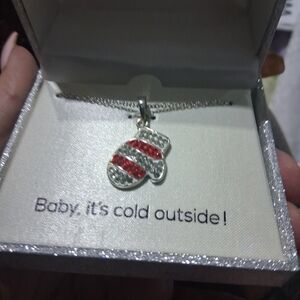 Red and Silver Holiday Mitten Pendant Necklace - Women